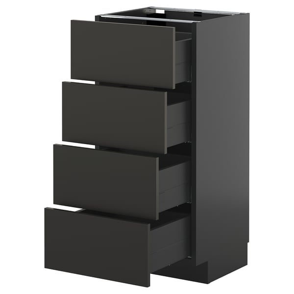 Modern black METOD kitchen cabinet with four open drawers.