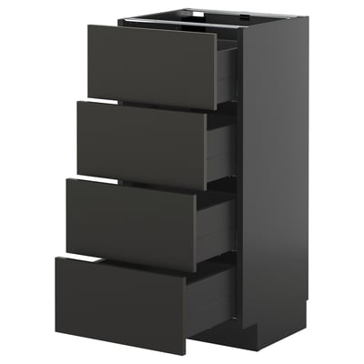 Modern black METOD kitchen cabinet with four open drawers.