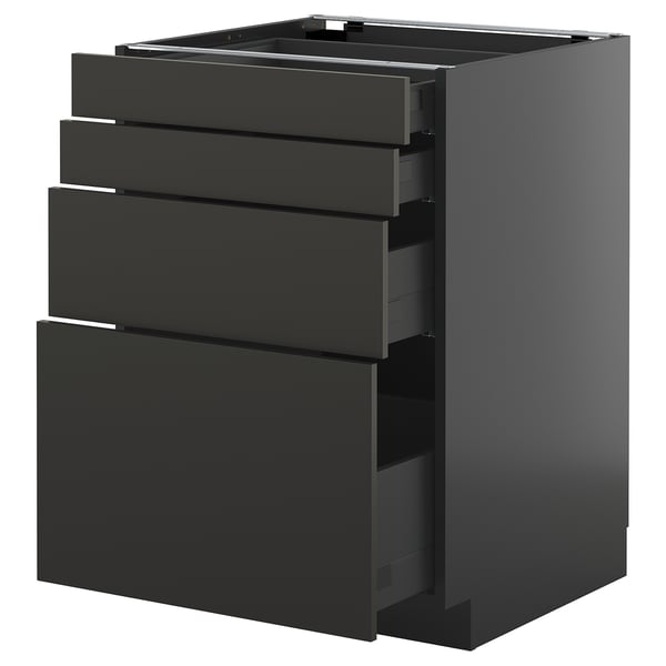 Black METOD kitchen unit with four drawers, sleek and modern design.