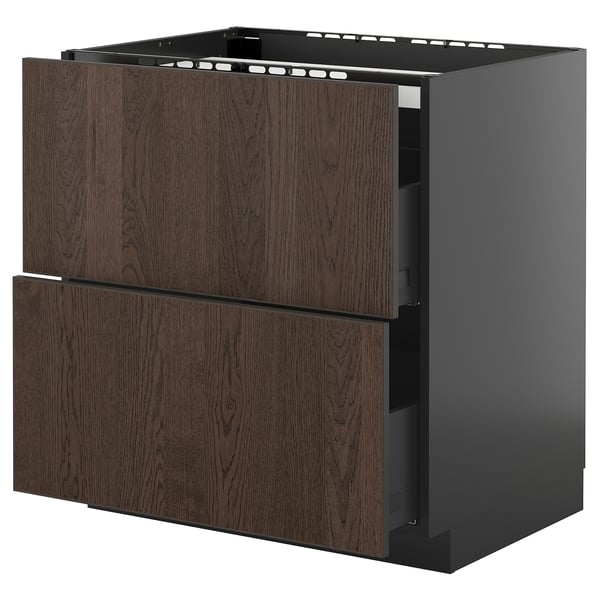 Dark brown wooden drawers, black framed, part of IKEAs METOD kitchen system. Square shape with modern design.
