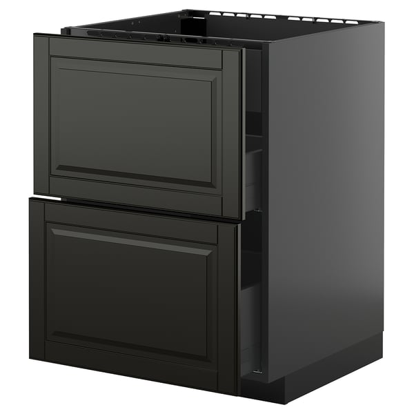 Black METOD kitchen unit with beveled bodbyn fronts, two drawers, dark gray finish, rectangular shape.