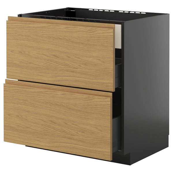 This is a METOD kitchen unit with voxtorp oak effect drawers and black sides, featuring two drawers with sleek, minimalist design.