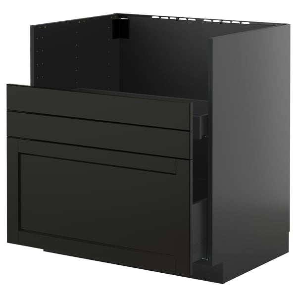 Black kitchen cabinet, modern, rectangular, sleek design with drawers and smooth surfaces.