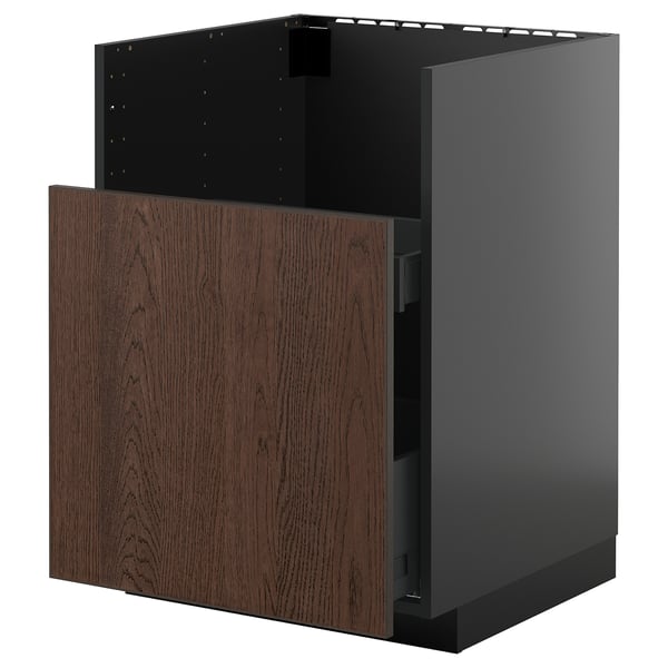 METOD kitchen unit: dark brown sinarp wood front, black frame, square shape, modern design.