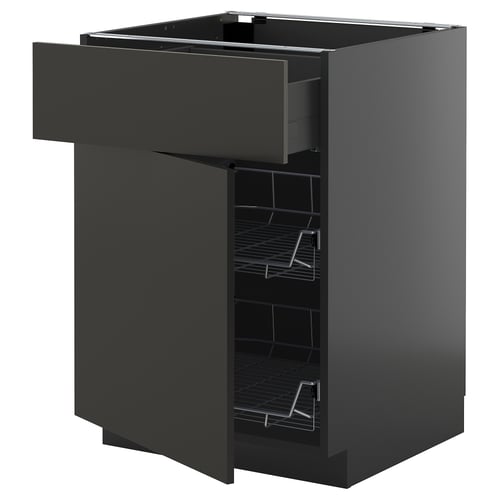 Modern grey kitchen unit with open drawer and wire baskets, sleek design.