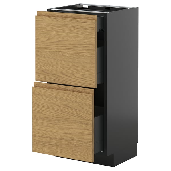 Modern kitchen cabinet, dark gray and oak-wood, two drawer unit.