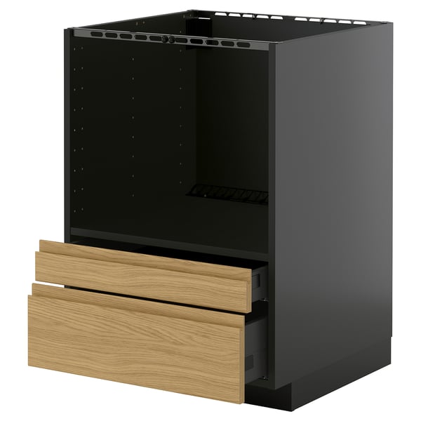 METOD kitchen unit: dark grey, wood drawer fronts, oslo oak, black interior, rectangular shape, modern look.