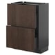 Modern kitchen unit with dark brown wood drawers, black frame. Sturdy, sleek design.