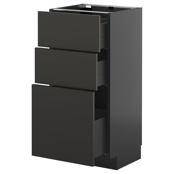 METOD kitchen unit in black with three drawers. Sleek, modern design with smooth lines.