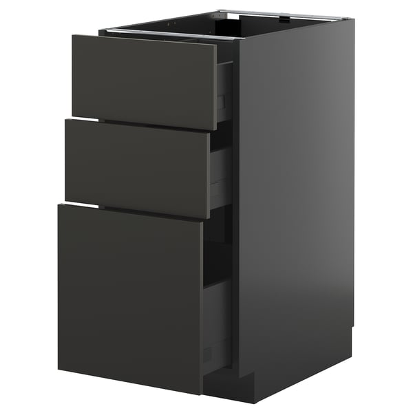 METOD kitchen cabinet in dark grey with three smooth, self-closing drawers, sleek modern design.