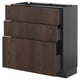 Modern dark brown wooden kitchen cabinet with three drawers, sleek dark handles, and metal accents.