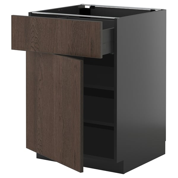 Modern kitchen unit: dark brown wood, black frame, single door, and drawer.