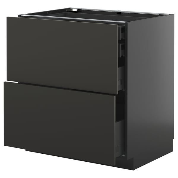 Modern black kitchen cabinet with two drawers, sleek design, sturdy construction.