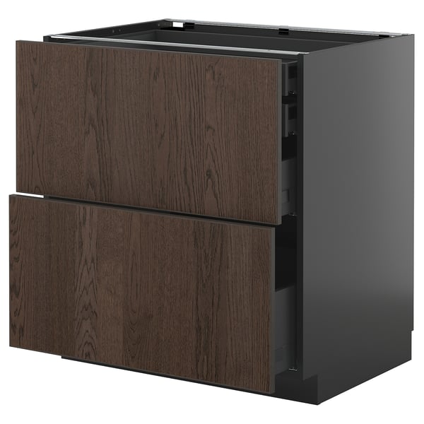 Modern dark brown wood kitchen cabinet with two drawers, sleek design, sturdy and smooth-running drawers.