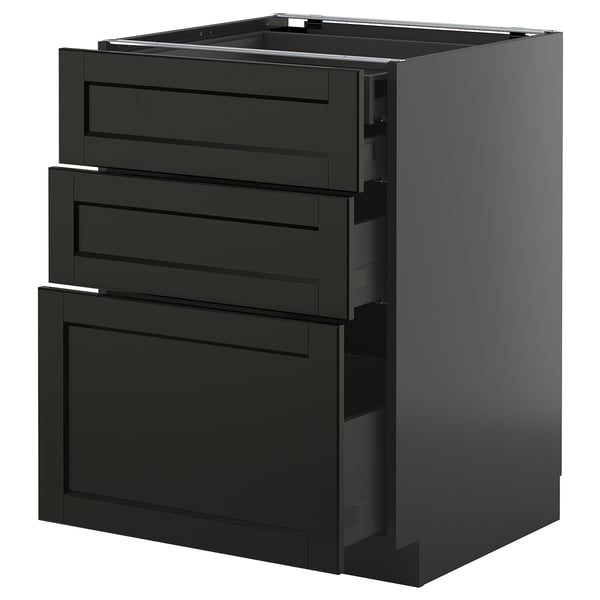 Modern black kitchen cabinet with three drawers, sleek design, metallic handles.