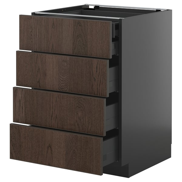 Ikea METOD dark brown kitchen unit with 4 wooden drawers.