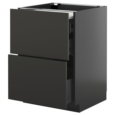 A dark grey, modern kitchen cabinet with two drawers and a drawer front open, revealing a pull-out work surface.