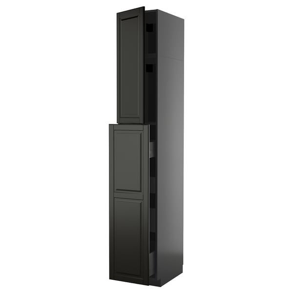 Black glossy kitchen cabinet, tall and narrow with double doors and a sleek modern design.