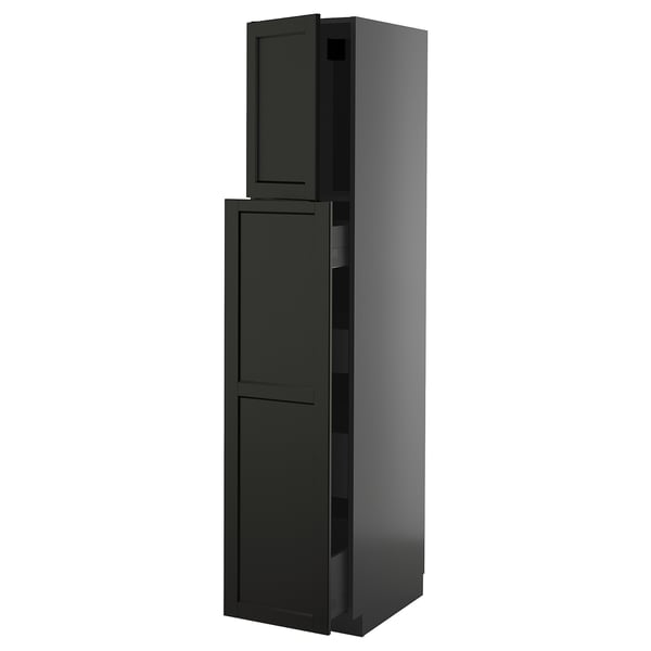 Modern black kitchen cabinet with two doors and sleek design.