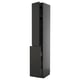 Modern black tall cabinet, slim rectangular shape, sleek design, with multiple shelves, dark finish.