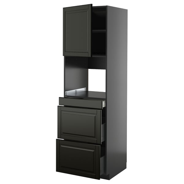 A black METOD kitchen unit with cabinet and drawers. It has a modern, sleek design with dark finishes.
