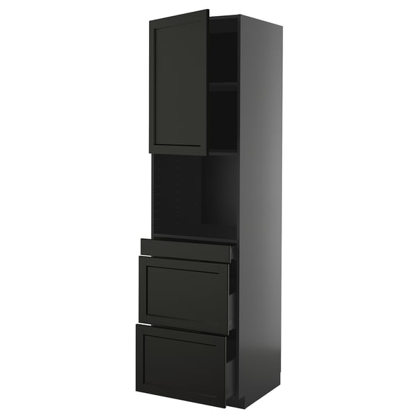 Black METOD kitchen unit with shelves and drawers, sleek modern design, wooden finish.
