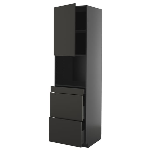 Modern black kitchen cabinet with one shelf, two drawers, sleek high-gloss finish.