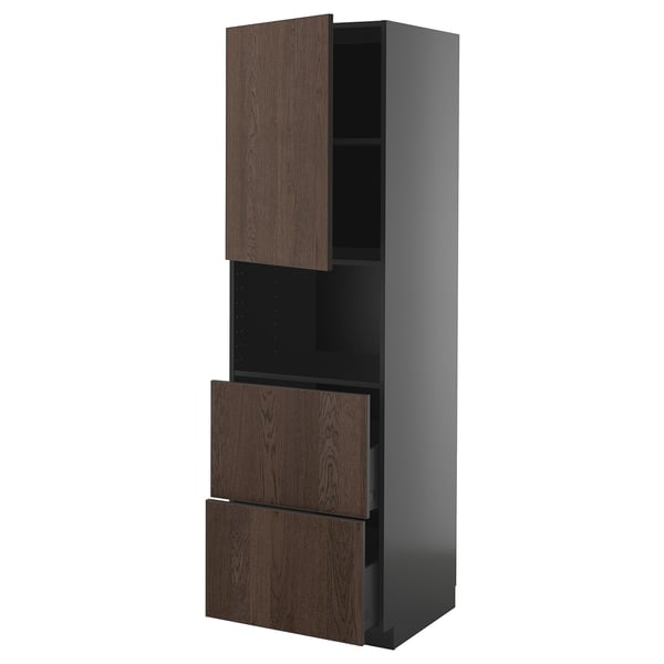 Dark brown kitchen cabinet with wooden drawers. Tall, rectangular shape with two drawers and an open shelf.