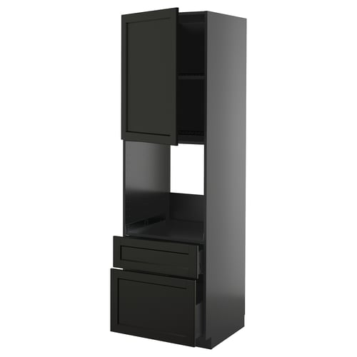 Black METOD kitchen unit with shelves and drawers. Modern, dark stained wood finish.