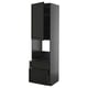 Black kitchen cabinet with shelves and drawers, sleek modern design.