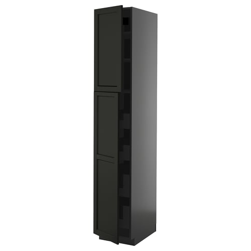 A dark grey METOD kitchen cabinet with two doors and shelves inside. It a traditional black stained design with bevelled edges and a sturdy frame.