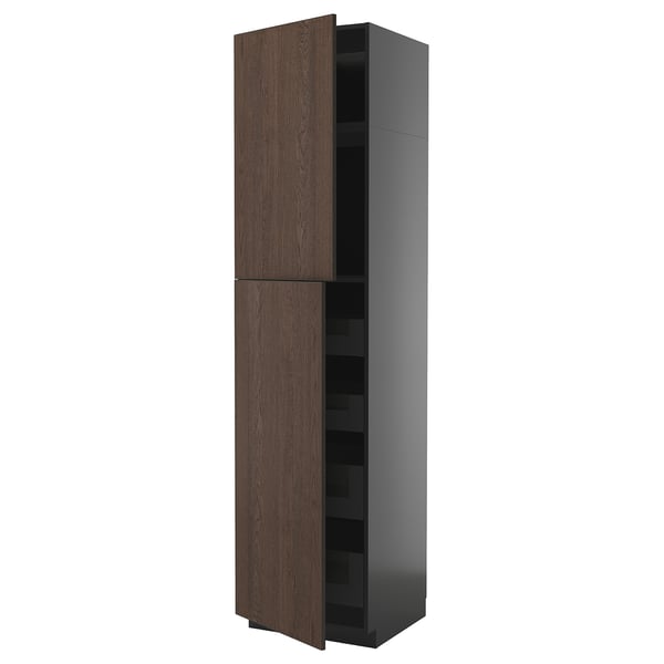 Tall dark brown wooden cabinet with black sides and shelves.