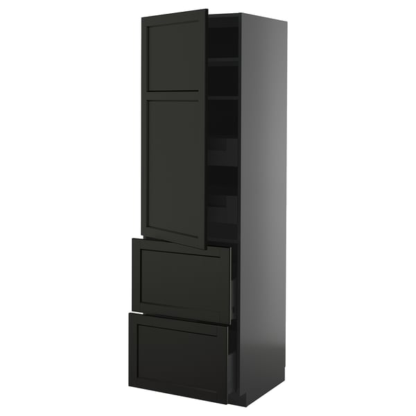Modern black tall kitchen cabinet with drawers, sleek design, beveled edges, and adjustable shelves.