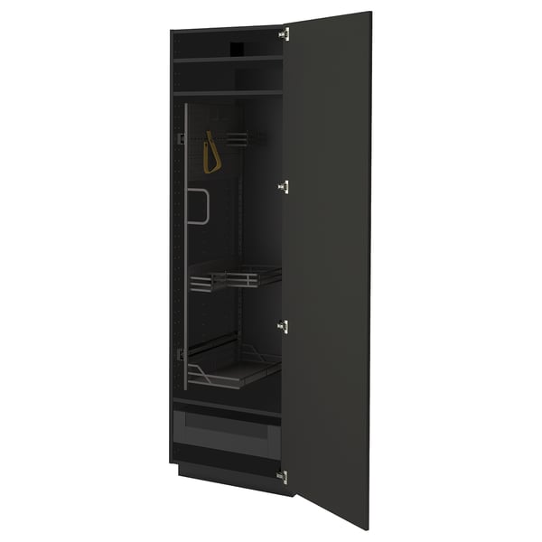 Black kitchen cabinet, METOD series, modern design, open door showcasing shelves and drawer, sleek and functional.
