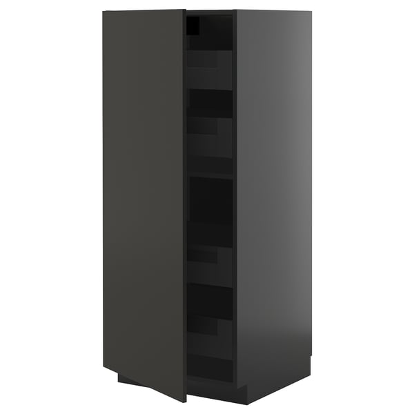 Modern black cabinet, sleek design, smooth surfaces, adjustable shelf, sturdy frame.