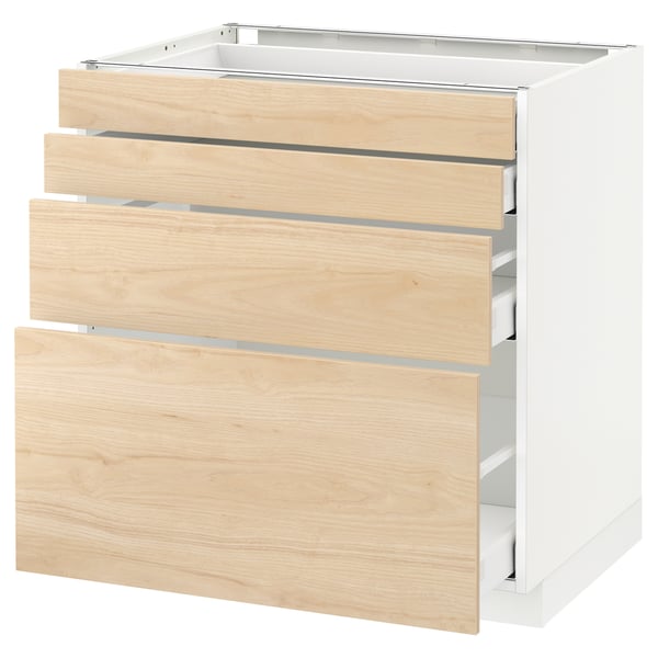 METOD kitchen unit with three light ash drawers, smooth and self-closing.