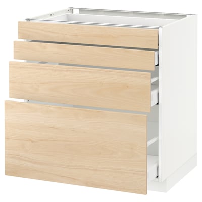 METOD kitchen unit with three light ash drawers, smooth and self-closing.