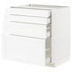 White kitchen unit with four drawers, three visible, one open revealing shelves within. Modern, sleek design.