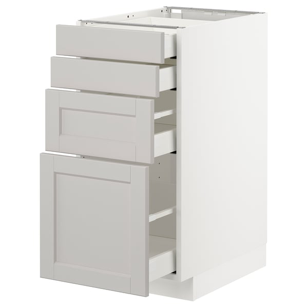 METOD kitchen cabinet in light grey with multiple drawers and pullouts, sleek beveled edges, sturdy build.