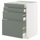 Modern gray-green kitchen cabinet unit with five drawers on white frame.