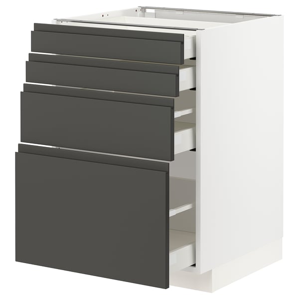 METOD kitchen unit with dark grey drawers and white base.