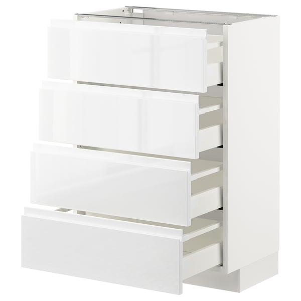 METOD kitchen unit, white, four drawers, modern, glossy, vertical shape, integrated handles.