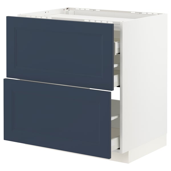 Modern kitchen cabinet with 2 blue drawers, white frame, sleek design, sturdy construction.