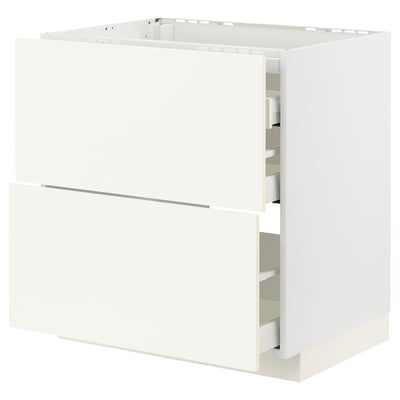 A white ikea METOD kitchen cabinet with drawers. It a sleek design with a smooth finish andergonomic handles.