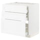 A white ikea METOD kitchen unit with three drawers and a door, made of particleboard and plastic foil.