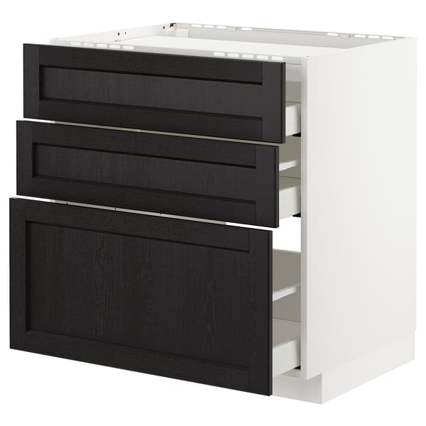 This image shows a METOD kitchen cabinet with three black stained lerhyttan drawers and a white frame, featuring a traditional character design.