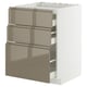 Modern kitchen cabinet in white and brown with high gloss drawers, featuring sleek handles and multiple compartments.