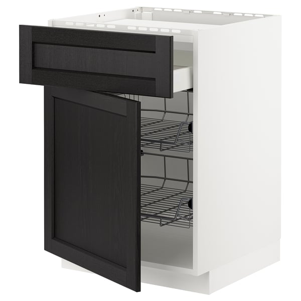 METOD kitchen cabinet with dark wooden drawer open, wire racks visible.
