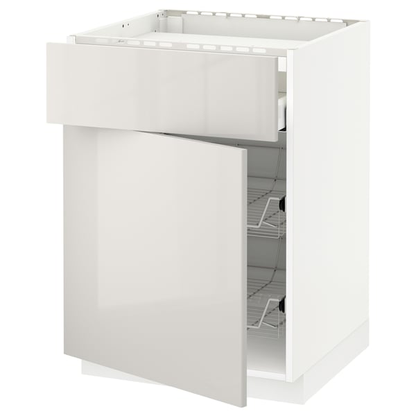 White METOD kitchen cabinet with smooth, glossy finish and two wire shelves.