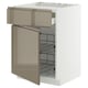Modern kitchen cabinet in white with metallic gold drawer and pullout wire basket.